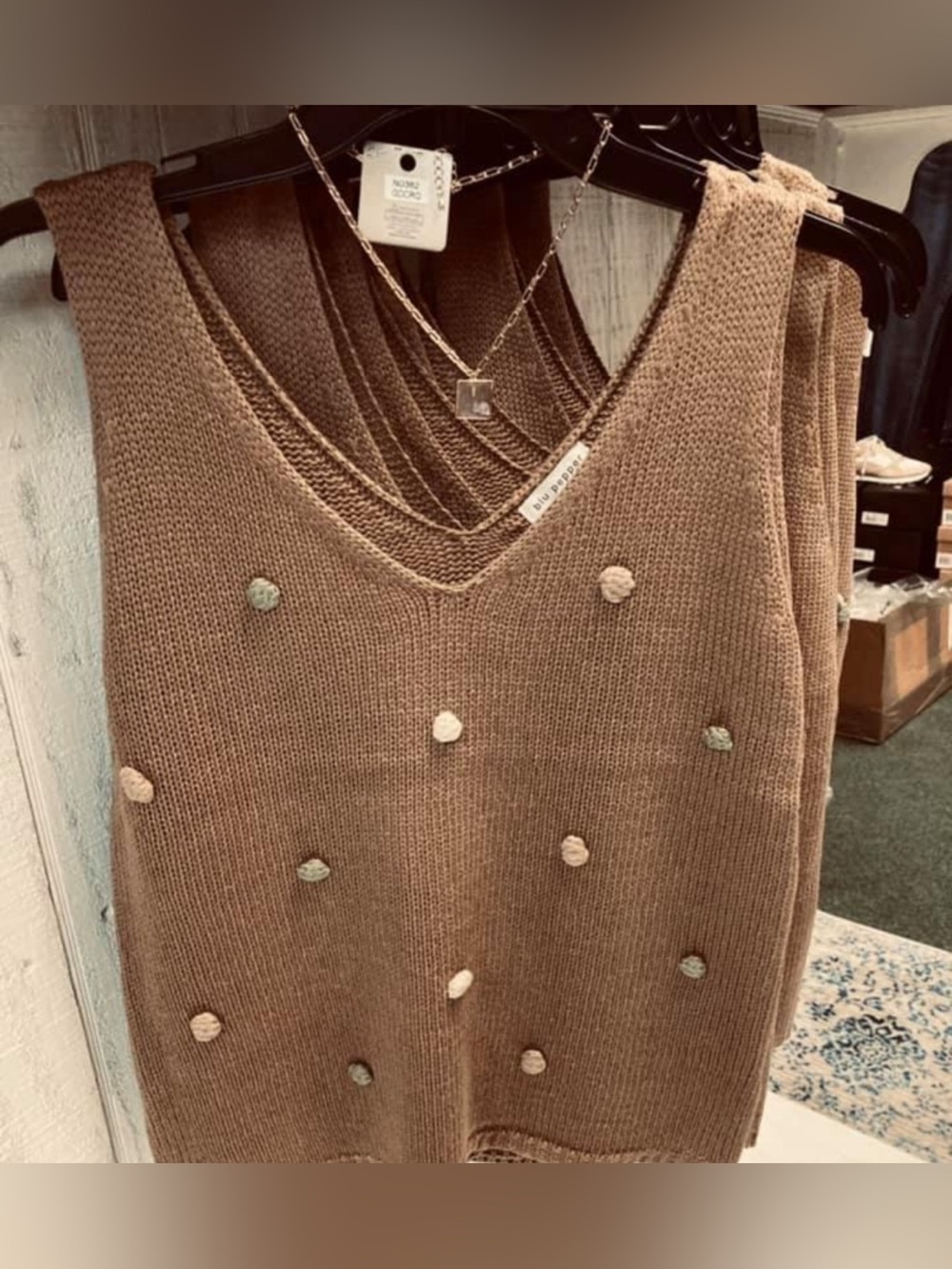 Blu Pepper Pom-Pom V-Neck Knit Tank Top - Tan